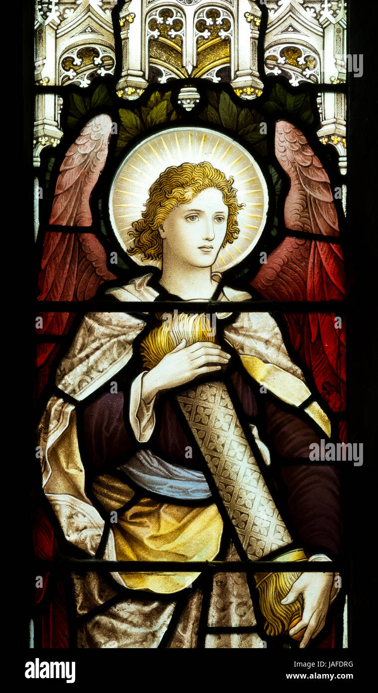 Angel stained glass, St Cecilia`s Church, Adstock, Buckinghamshire